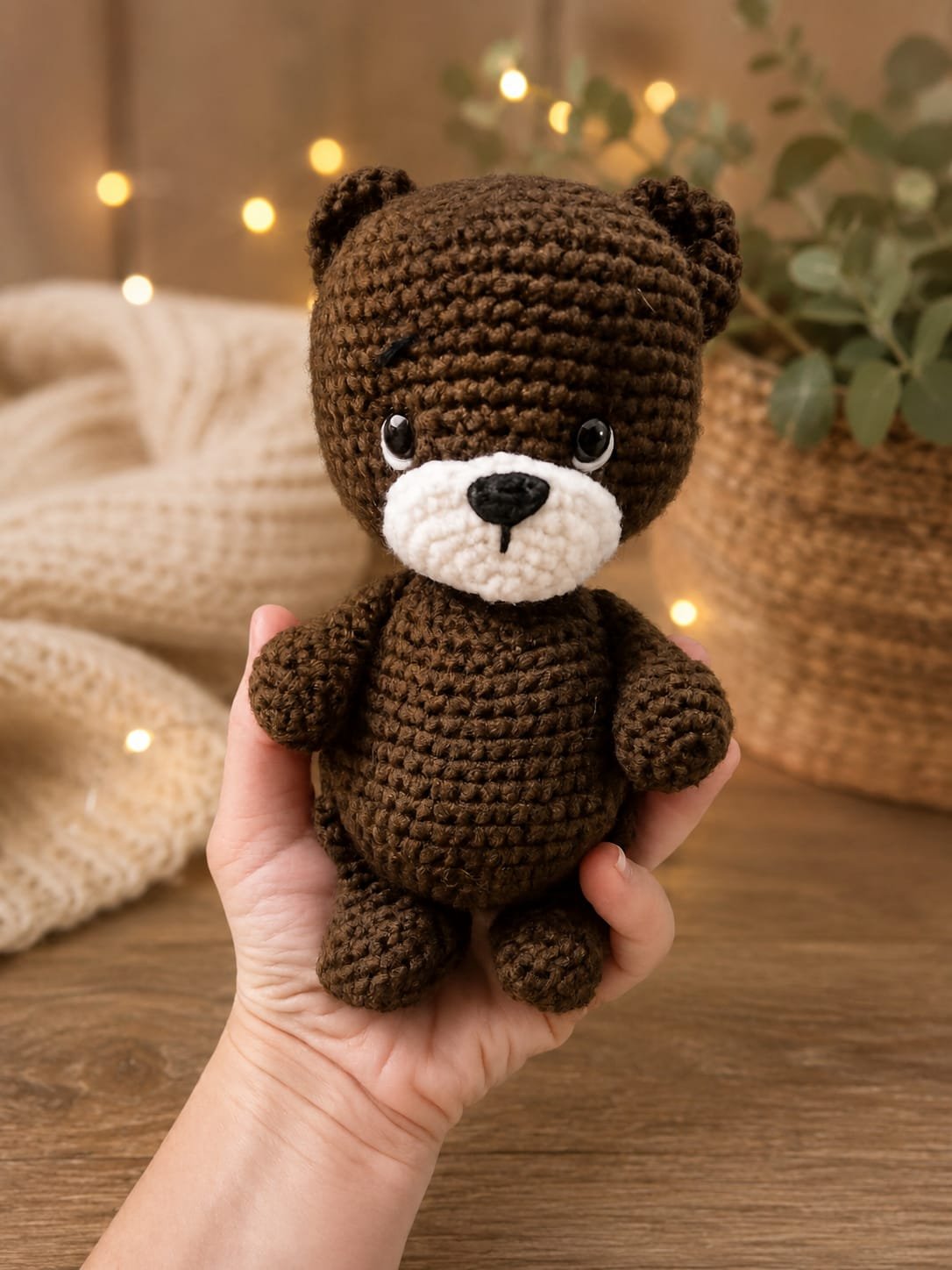 Osito de crochet marrón sostenido en la mano